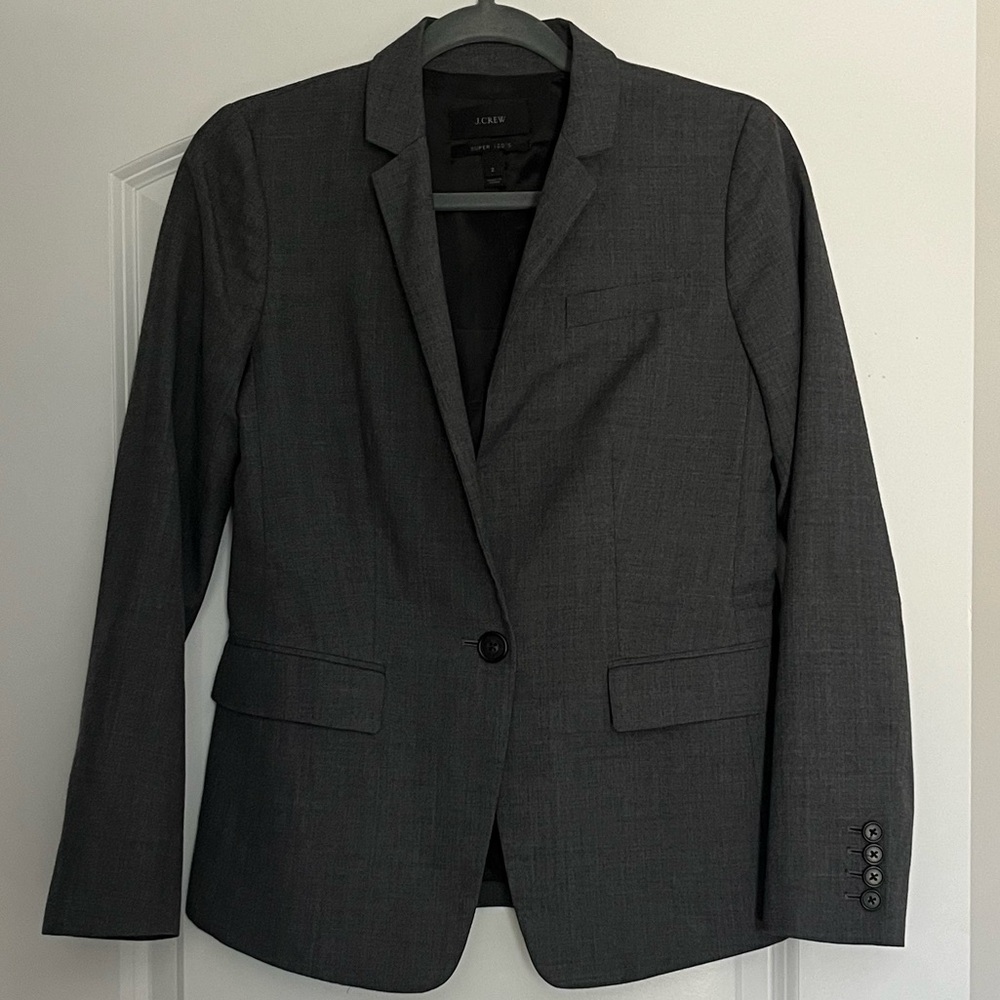 Women J. Crew Super 120's Gray 100% Wool 1 Button Blazer Sport Jacket Coat Sz 2